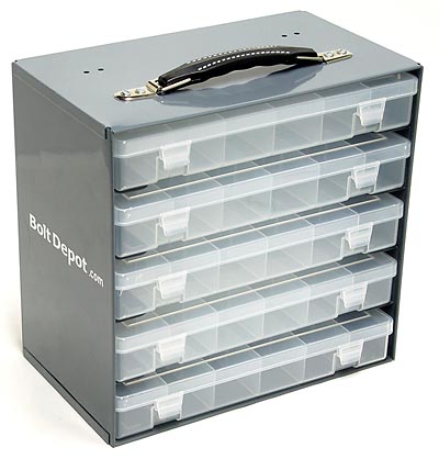 Bolt Depot - Small plastic compartment boxes, 5 box slide rack (mountable,  and stackable, w/ handle)(boxes not included)